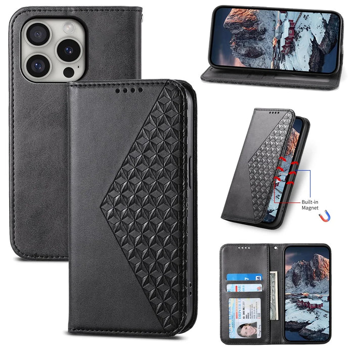 For iPhone 16 Pro Wallet Phone Case Imprinted PU Leather Flip Cover - Black - 7