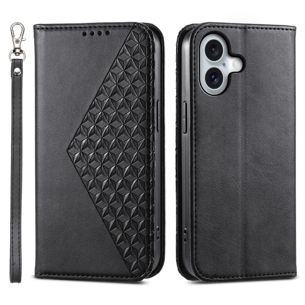 For iPhone 16 Wallet Case Calf Texture PU Leather Phone Cover with Strap - Black - 1