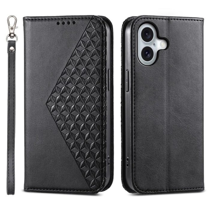 For iPhone 16 Wallet Case Calf Texture PU Leather Phone Cover with Strap - Black - 1