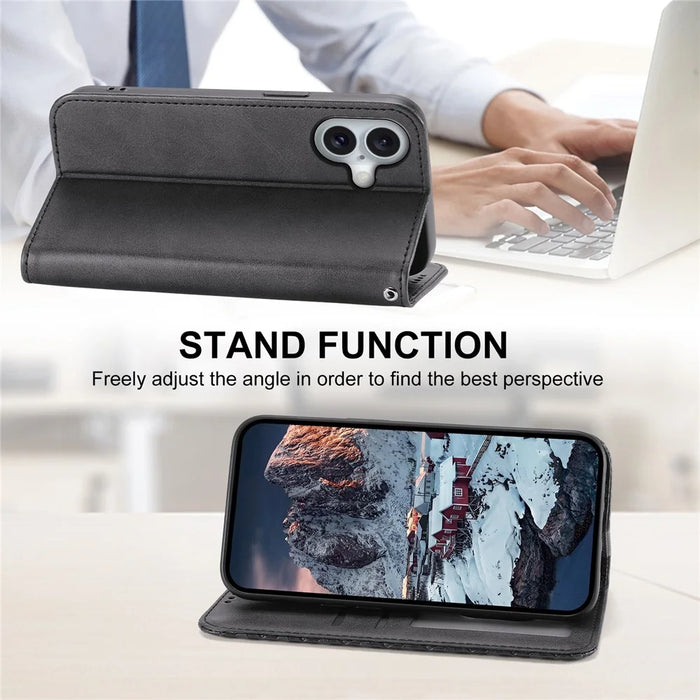 For iPhone 16 Wallet Case Calf Texture PU Leather Phone Cover with Strap - Black - 4