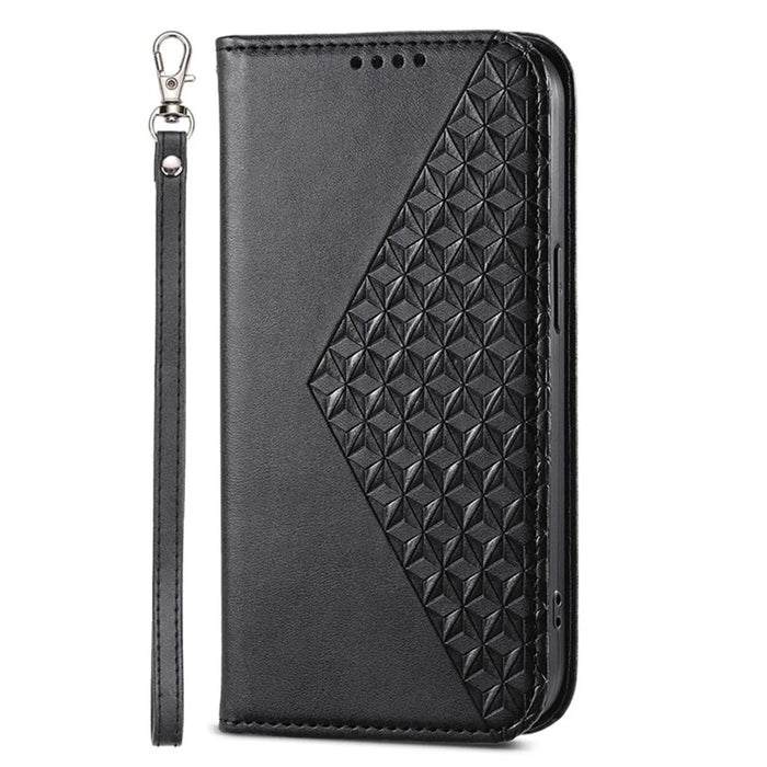 For iPhone 16 Wallet Case Calf Texture PU Leather Phone Cover with Strap - Black - 5