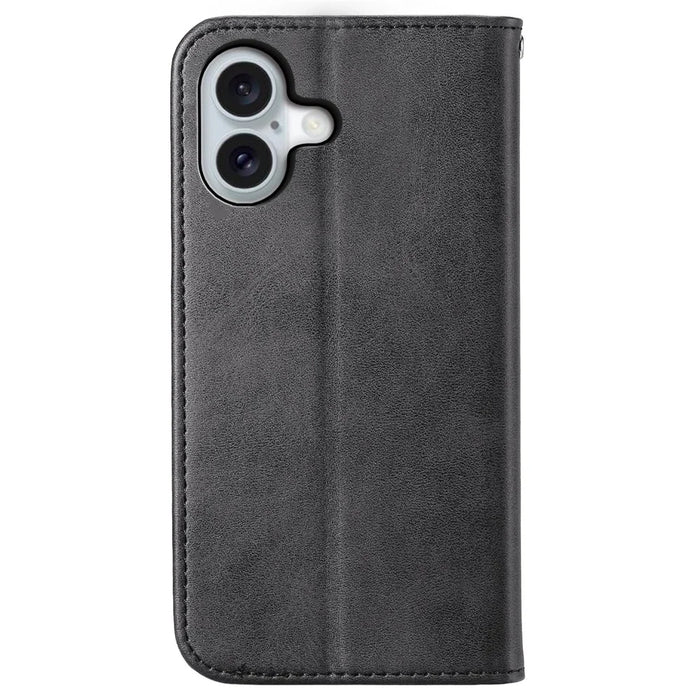 For iPhone 16 Wallet Case Calf Texture PU Leather Phone Cover with Strap - Black - 6