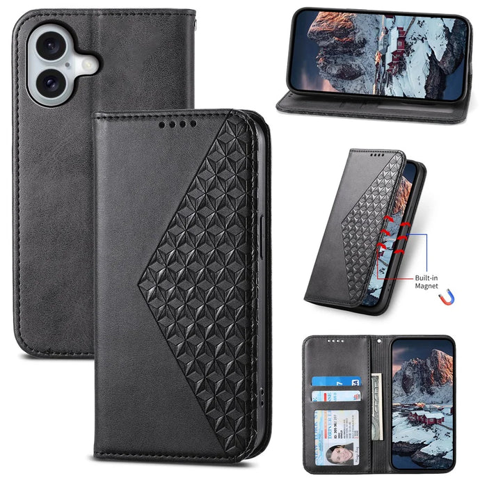 For iPhone 16 Wallet Case Calf Texture PU Leather Phone Cover with Strap - Black - 7