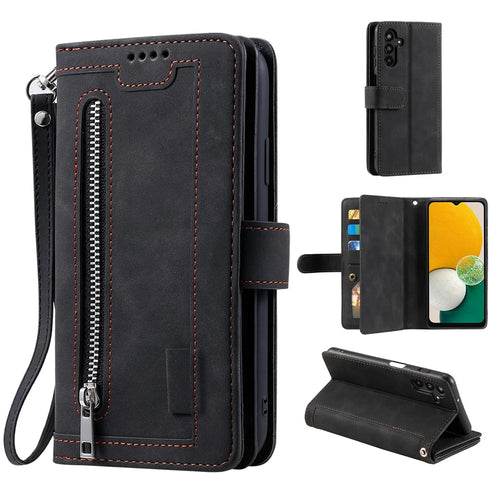 For Samsung Galaxy S24 FE Case Zipper Pocket PU Leather Phone Cover with 9 Card Slots - Black - 1