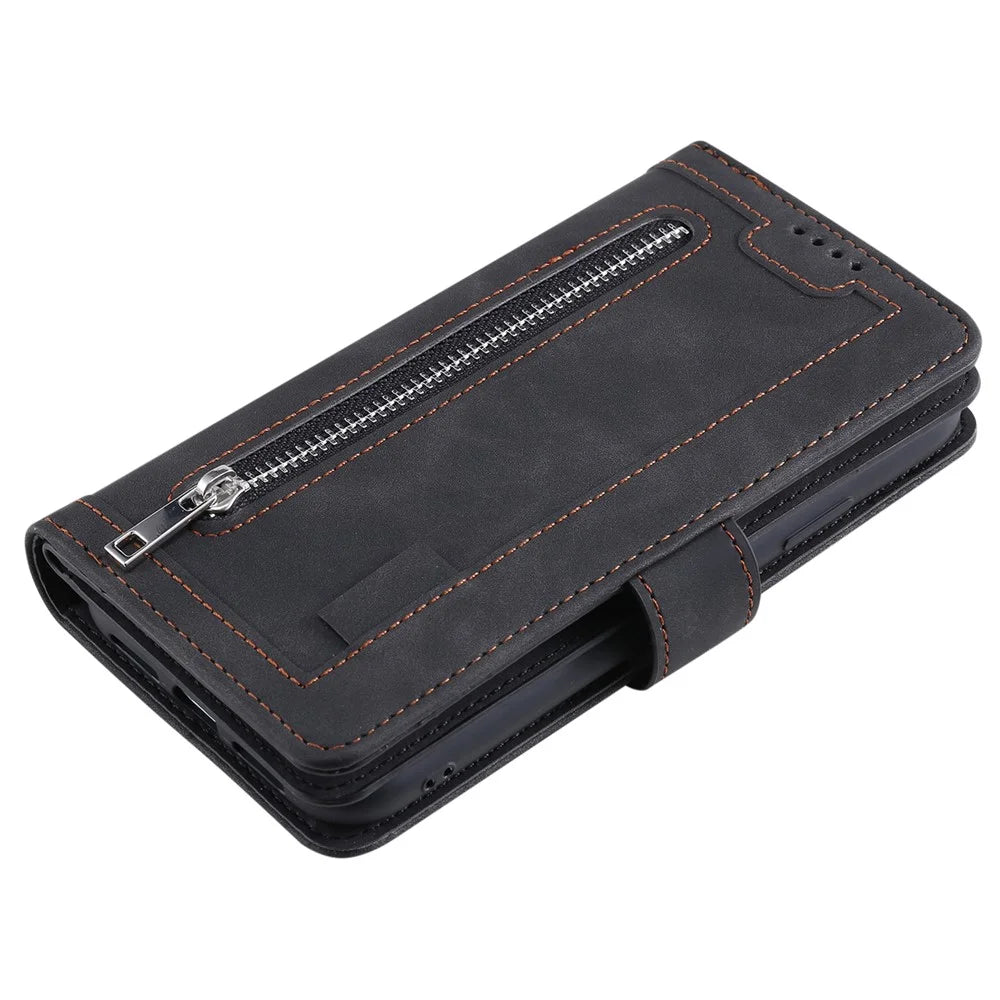 For Samsung Galaxy S24 FE Case Zipper Pocket PU Leather Phone Cover with 9 Card Slots - Black - 7
