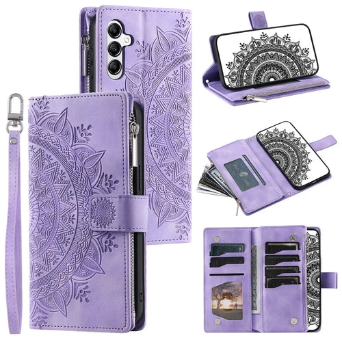 Style 006 For Samsung Galaxy S24 FE Phone Stand Case Mandala Flower Pattern PU Leather Zipper Wallet Phone Cover - Purple - 1