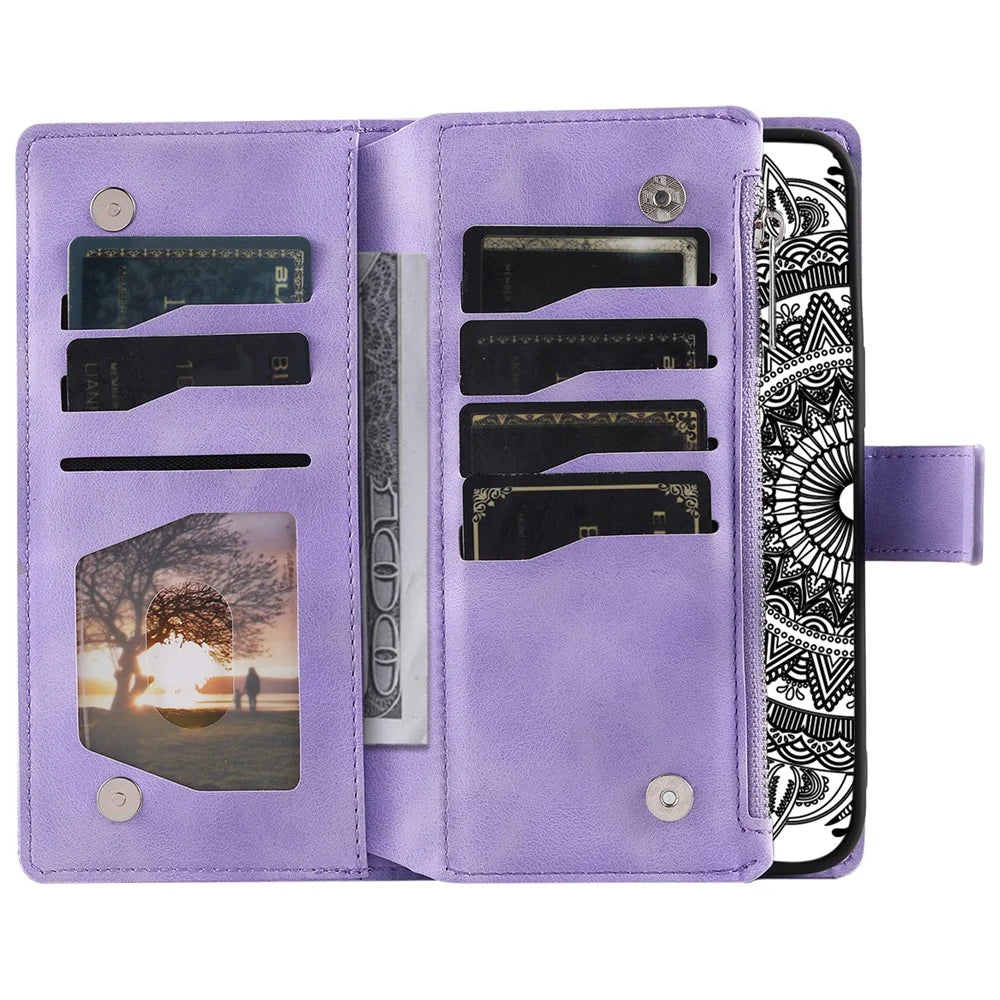 Style 006 For Samsung Galaxy S24 FE Phone Stand Case Mandala Flower Pattern PU Leather Zipper Wallet Phone Cover - Purple - 2
