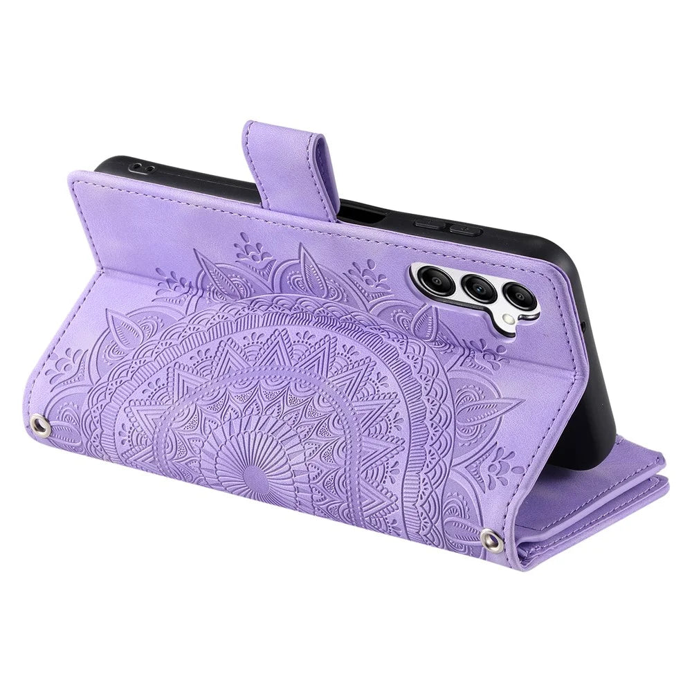 Style 006 For Samsung Galaxy S24 FE Phone Stand Case Mandala Flower Pattern PU Leather Zipper Wallet Phone Cover - Purple - 3