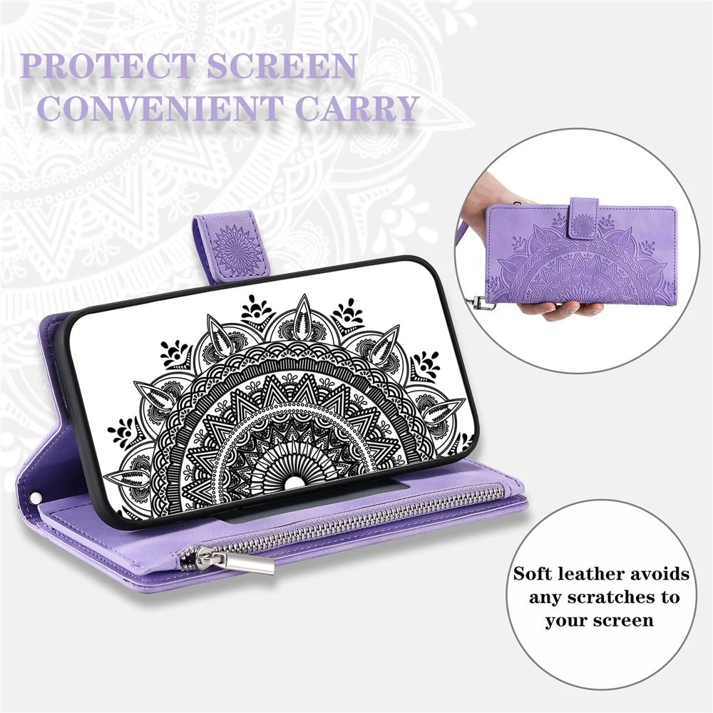 Style 006 For Samsung Galaxy S24 FE Phone Stand Case Mandala Flower Pattern PU Leather Zipper Wallet Phone Cover - Purple - 4