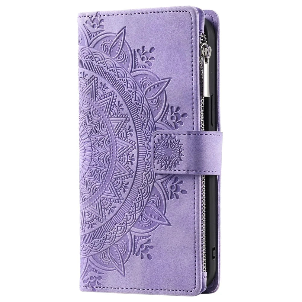 Style 006 For Samsung Galaxy S24 FE Phone Stand Case Mandala Flower Pattern PU Leather Zipper Wallet Phone Cover - Purple - 6