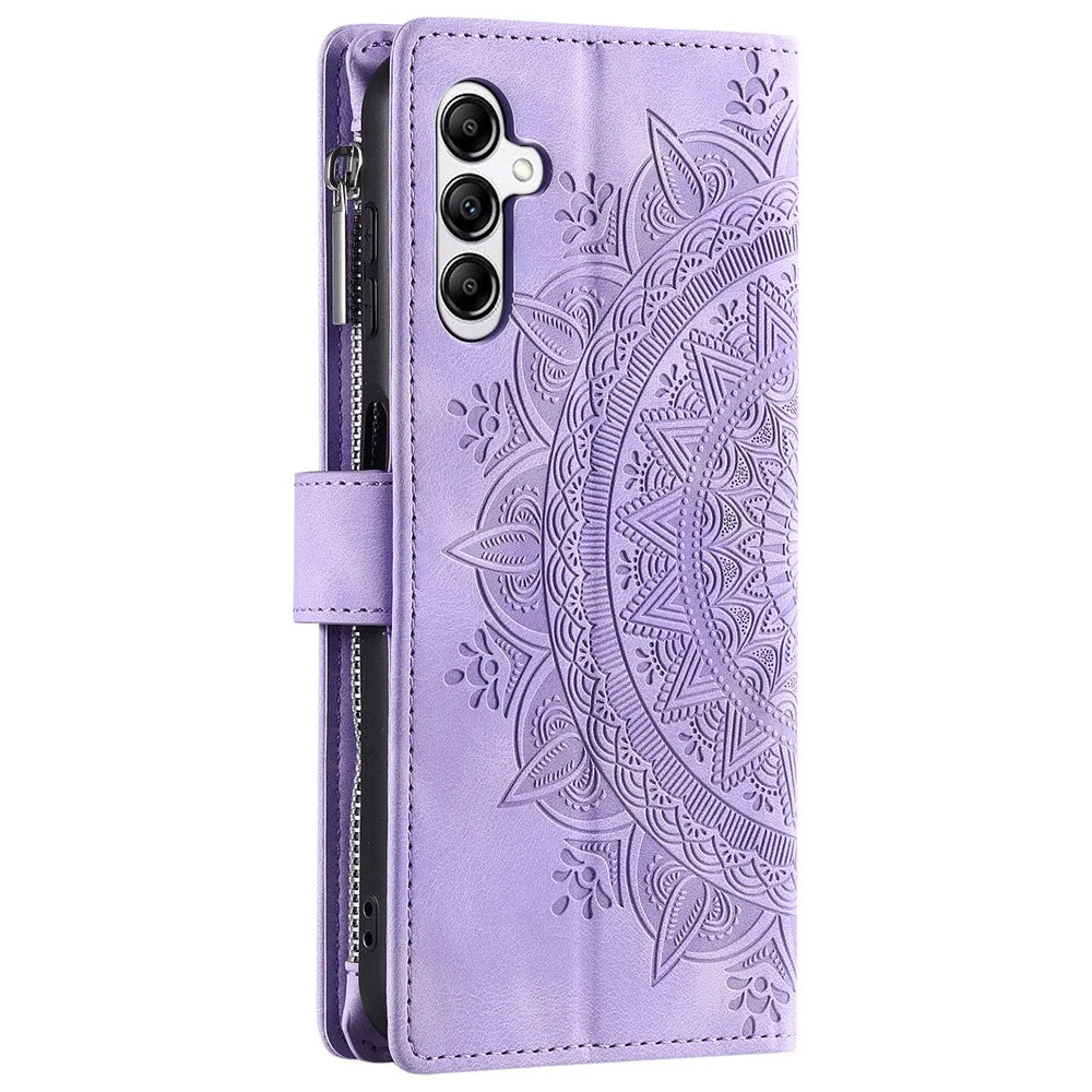 Style 006 For Samsung Galaxy S24 FE Phone Stand Case Mandala Flower Pattern PU Leather Zipper Wallet Phone Cover - Purple - 7