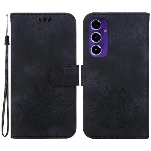 PU Leather Phone Cover for Samsung Galaxy S24 FE Phone Stand Case Imprinted Lotus Pattern Wallet Shell - Black - 1