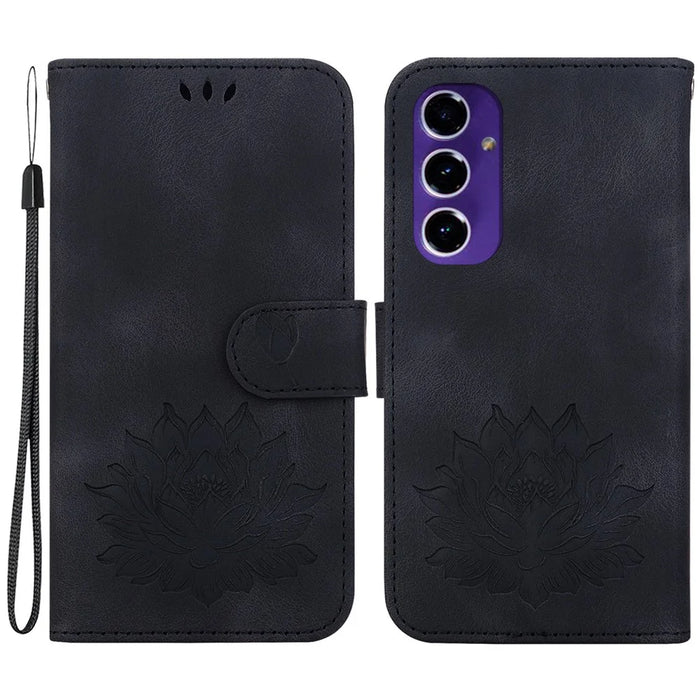 PU Leather Phone Cover for Samsung Galaxy S24 FE Phone Stand Case Imprinted Lotus Pattern Wallet Shell - Black - 1