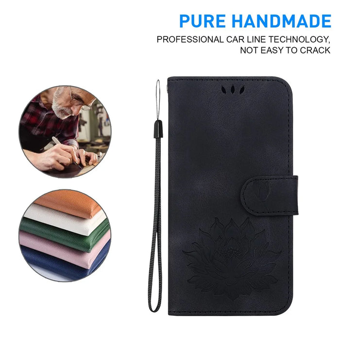 PU Leather Phone Cover for Samsung Galaxy S24 FE Phone Stand Case Imprinted Lotus Pattern Wallet Shell - Black - 4