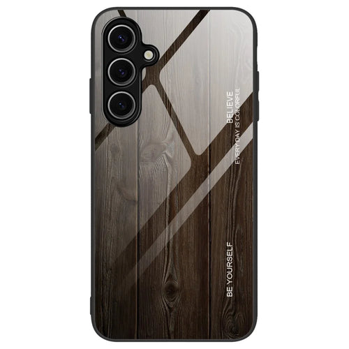 For Samsung Galaxy S24 FE Case TPU Frame Tempered Glass Back Phone Cover Wood Texture - Black - 1