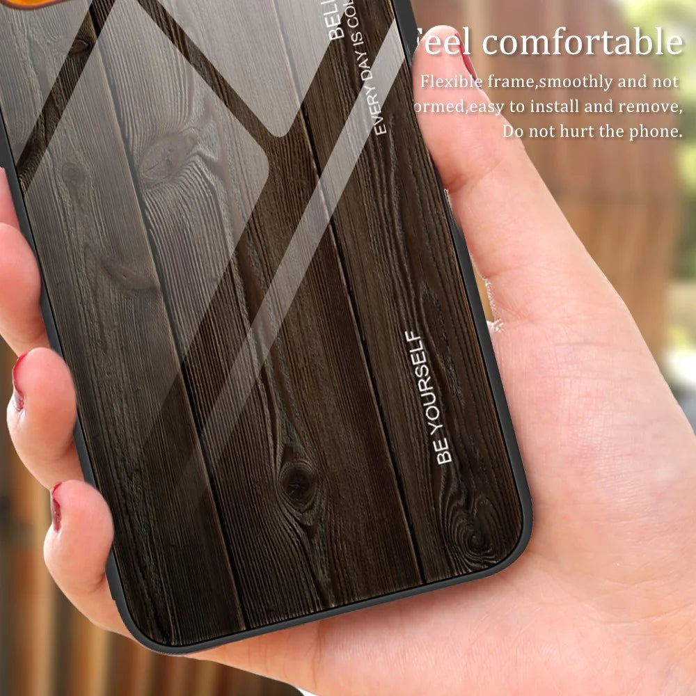 For Samsung Galaxy S24 FE Case TPU Frame Tempered Glass Back Phone Cover Wood Texture - Black - 5