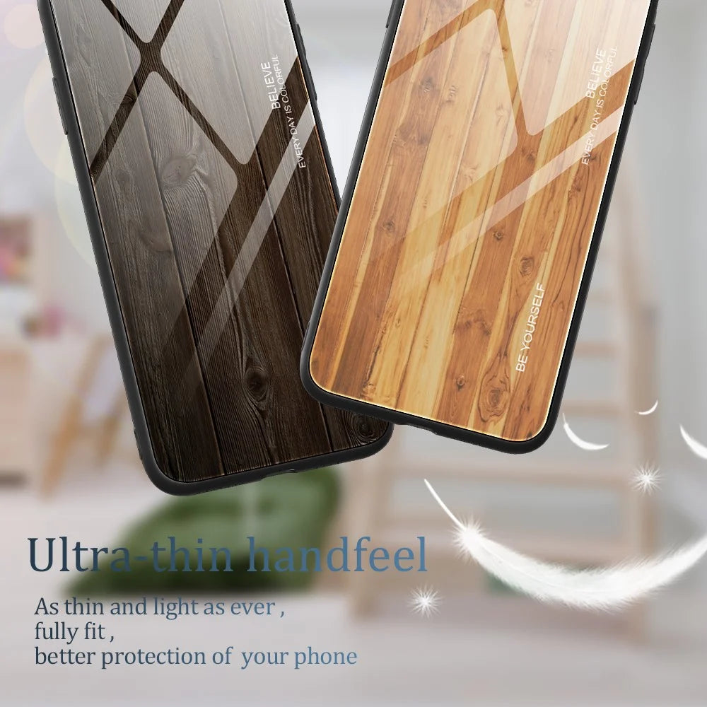 For Samsung Galaxy S24 FE Case TPU Frame Tempered Glass Back Phone Cover Wood Texture - Black - 6