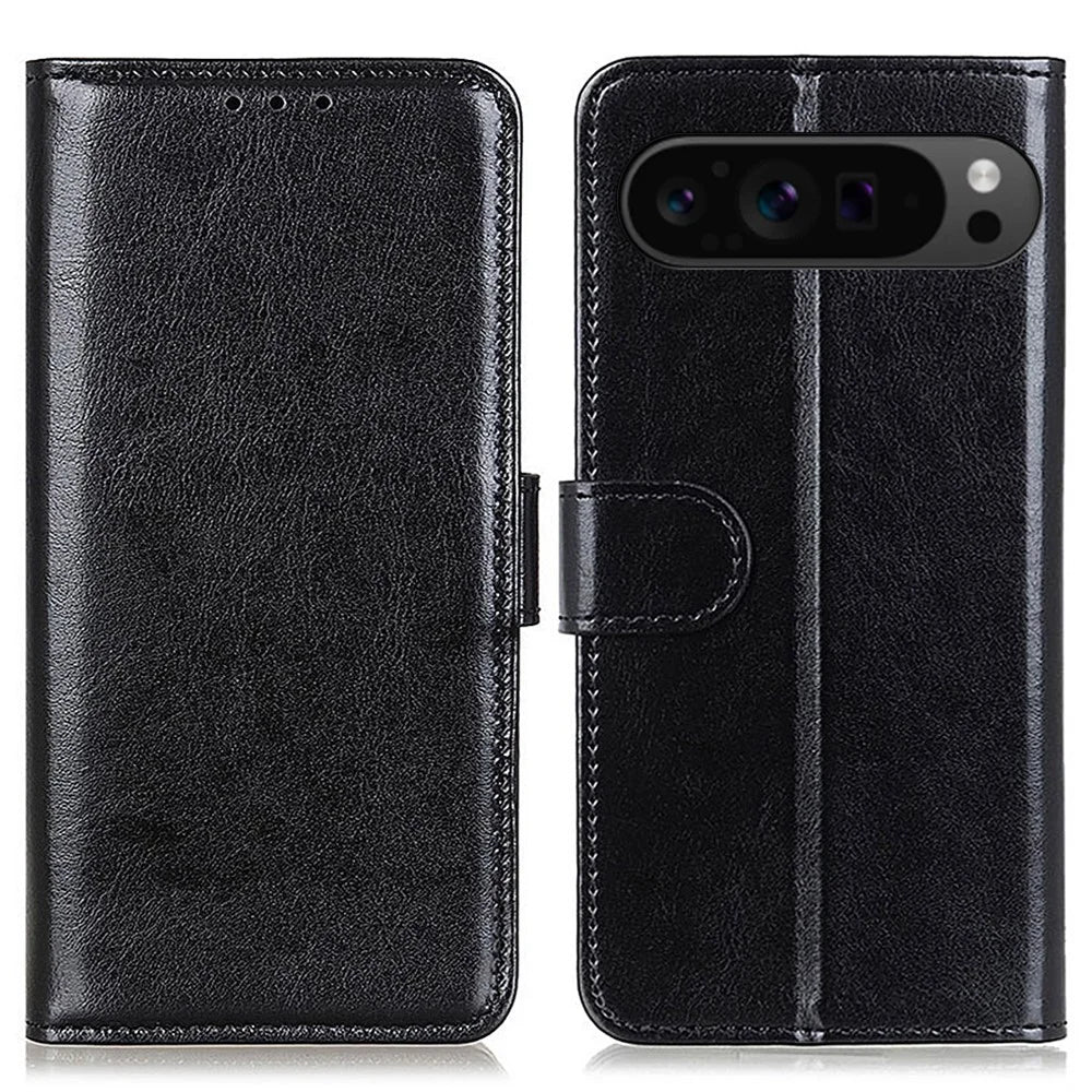 For Google Pixel 10 Pro XL / 9 Pro XL Phone Case Crazy Horse Texture PU Leather Phone Stand Cover - Black - 1