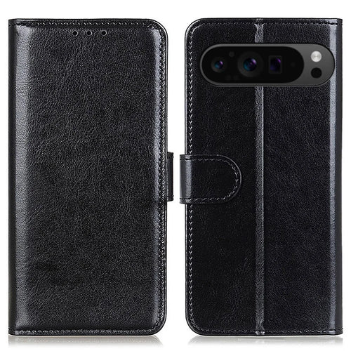 For Google Pixel 10 Pro XL / 9 Pro XL Phone Case Crazy Horse Texture PU Leather Phone Stand Cover - Black - 1