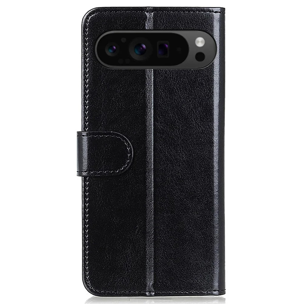 For Google Pixel 10 Pro XL / 9 Pro XL Phone Case Crazy Horse Texture PU Leather Phone Stand Cover - Black - 6