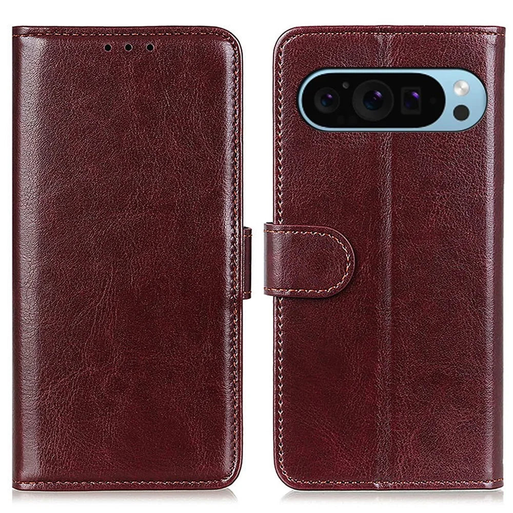 For Google Pixel 10 Pro / 10 / 9 Pro / 9 Crazy Horse Texture Phone Case PU Leather Phone Stand Cover - Brown - 1