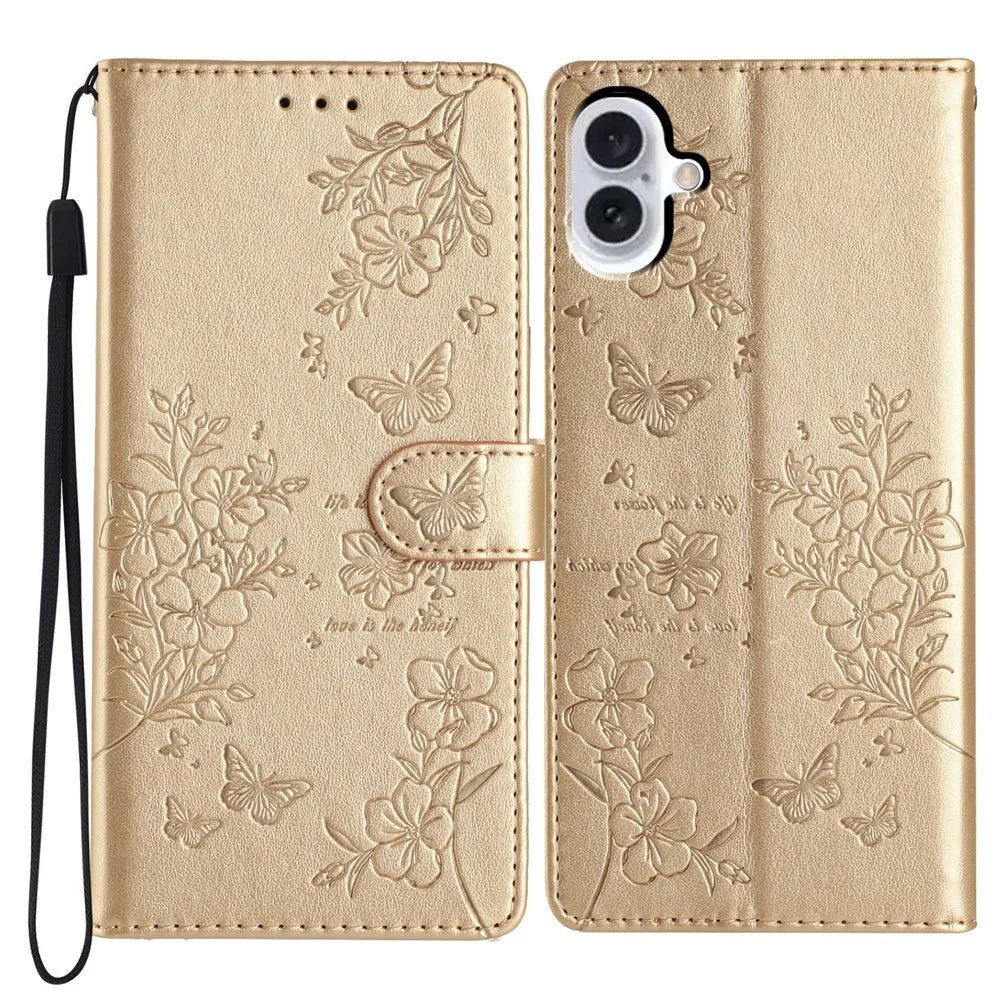 For iPhone 16 Plus Case Butterfly Flower Imprint Wallet Leather Phone Cover with Stand - Gold - 1