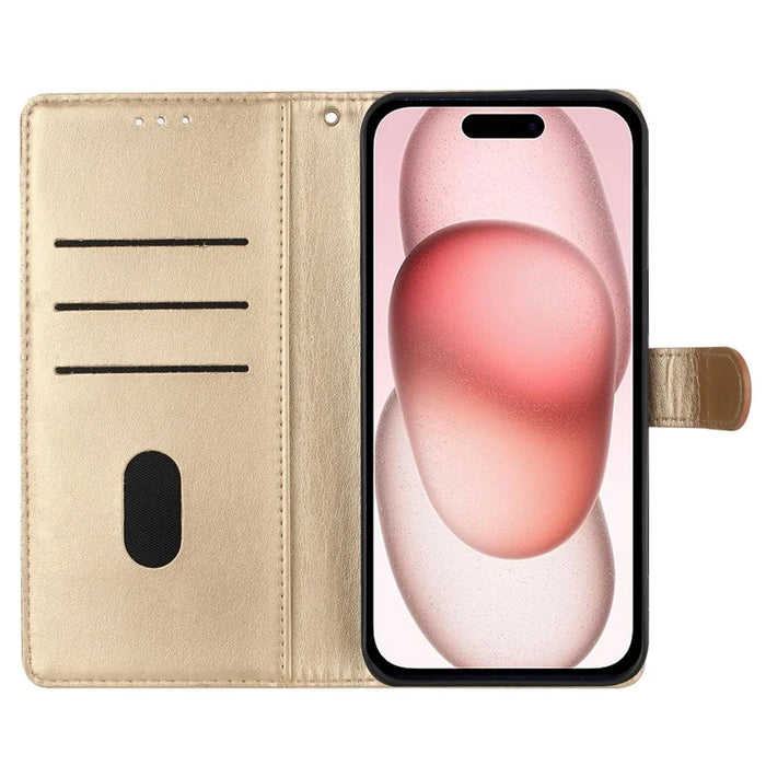 For iPhone 16 Plus Case Butterfly Flower Imprint Wallet Leather Phone Cover with Stand - Gold - 2