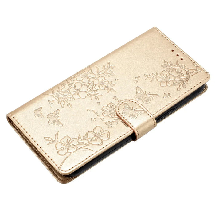 For iPhone 16 Plus Case Butterfly Flower Imprint Wallet Leather Phone Cover with Stand - Gold - 4