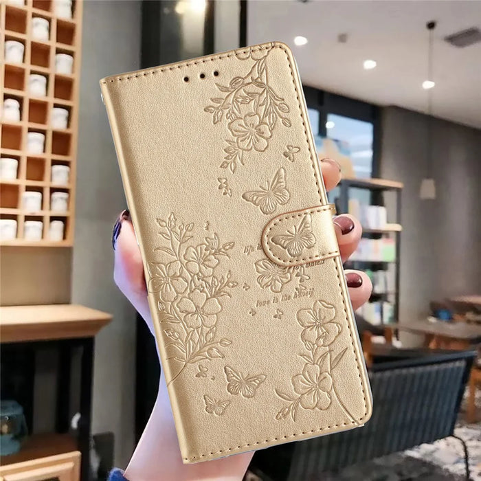 For iPhone 16 Plus Case Butterfly Flower Imprint Wallet Leather Phone Cover with Stand - Gold - 7