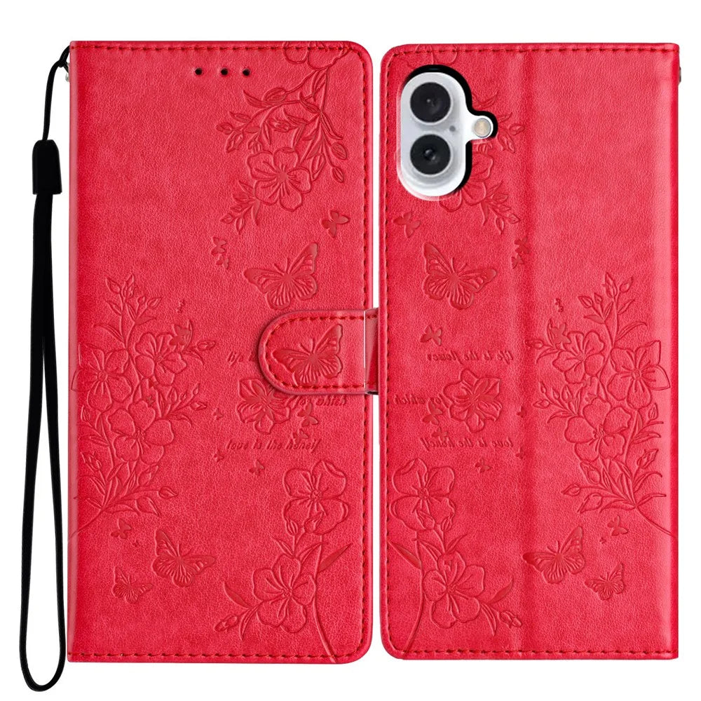 For iPhone 16 Wallet Case Butterfly Floral Imprint Leather Stand Phone Cover - Red - 1