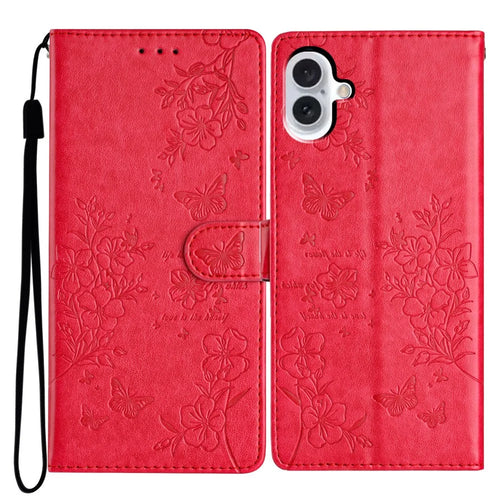 For iPhone 16 Wallet Case Butterfly Floral Imprint Leather Stand Phone Cover - Red - 1