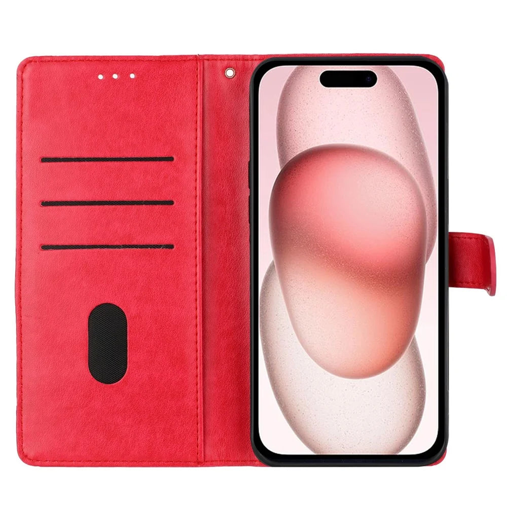 For iPhone 16 Wallet Case Butterfly Floral Imprint Leather Stand Phone Cover - Red - 2