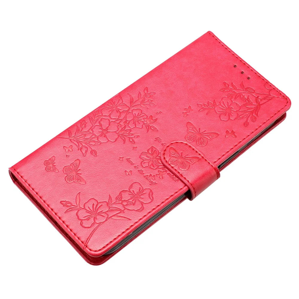 For iPhone 16 Wallet Case Butterfly Floral Imprint Leather Stand Phone Cover - Red - 4