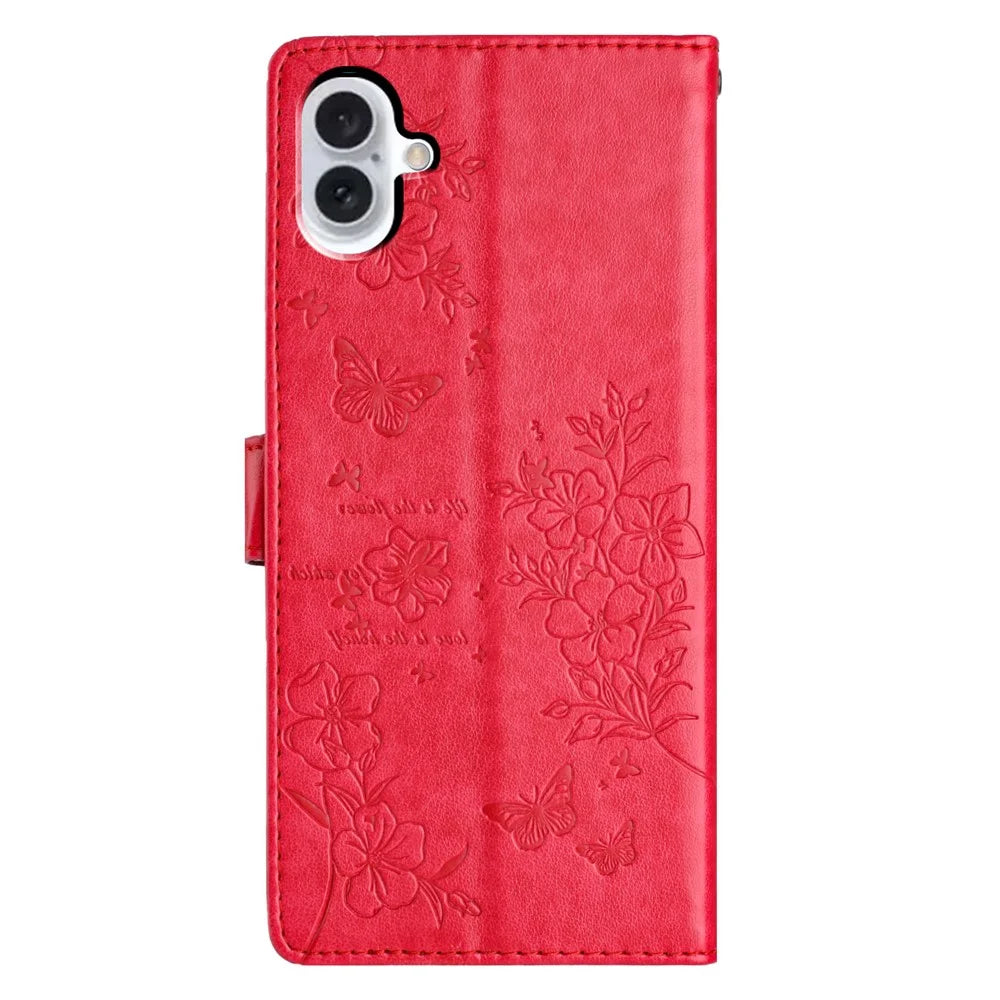 For iPhone 16 Wallet Case Butterfly Floral Imprint Leather Stand Phone Cover - Red - 6