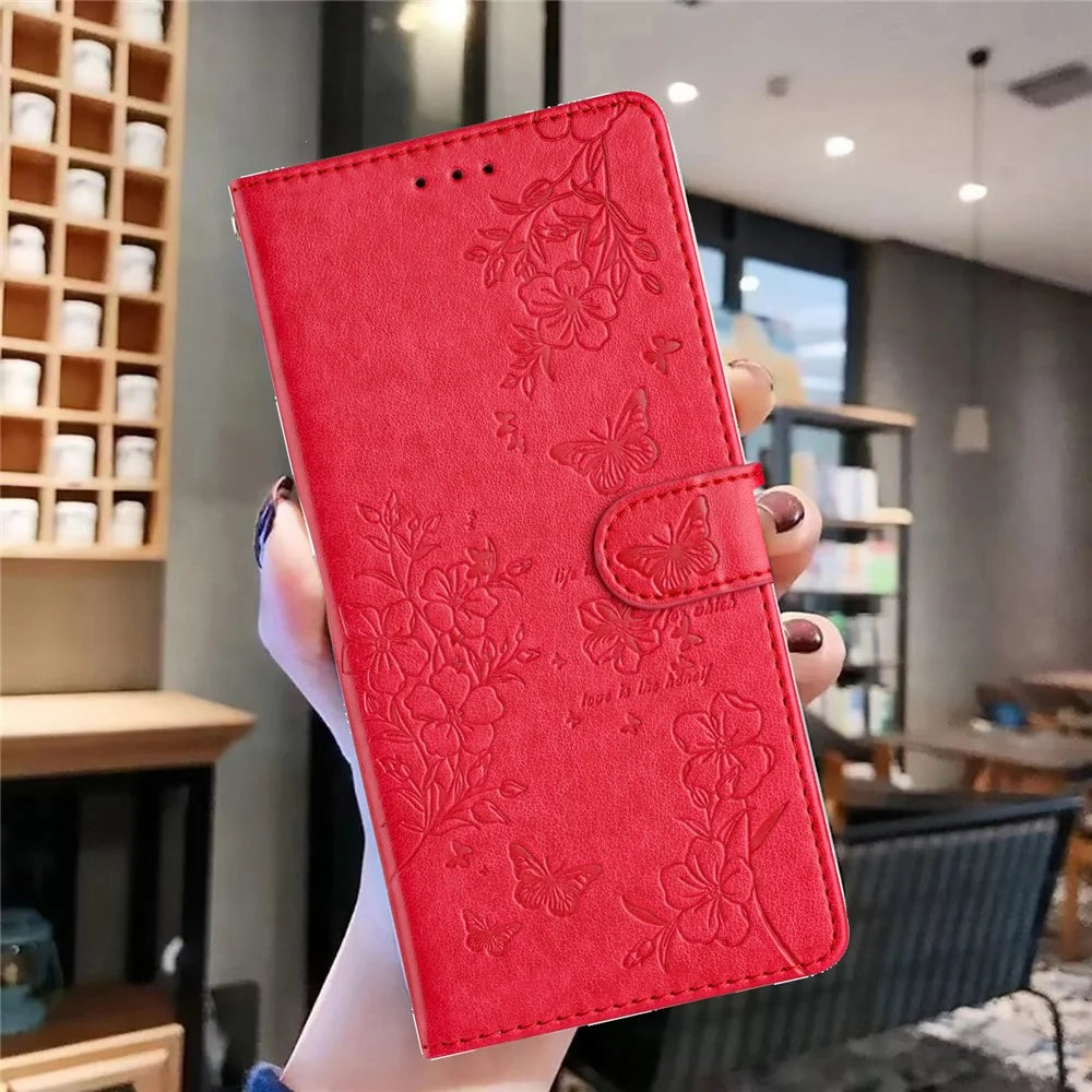 For iPhone 16 Wallet Case Butterfly Floral Imprint Leather Stand Phone Cover - Red - 7