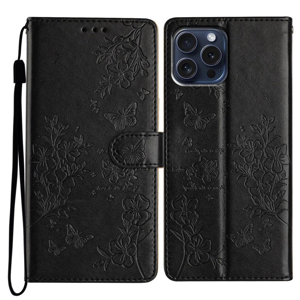 For iPhone 16 Pro Stand Case Butterfly Floral Imprint Leather Wallet Phone Cover - Black - 1