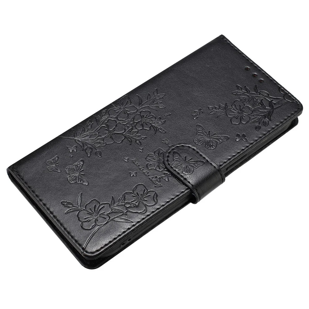 For iPhone 16 Pro Stand Case Butterfly Floral Imprint Leather Wallet Phone Cover - Black - 4