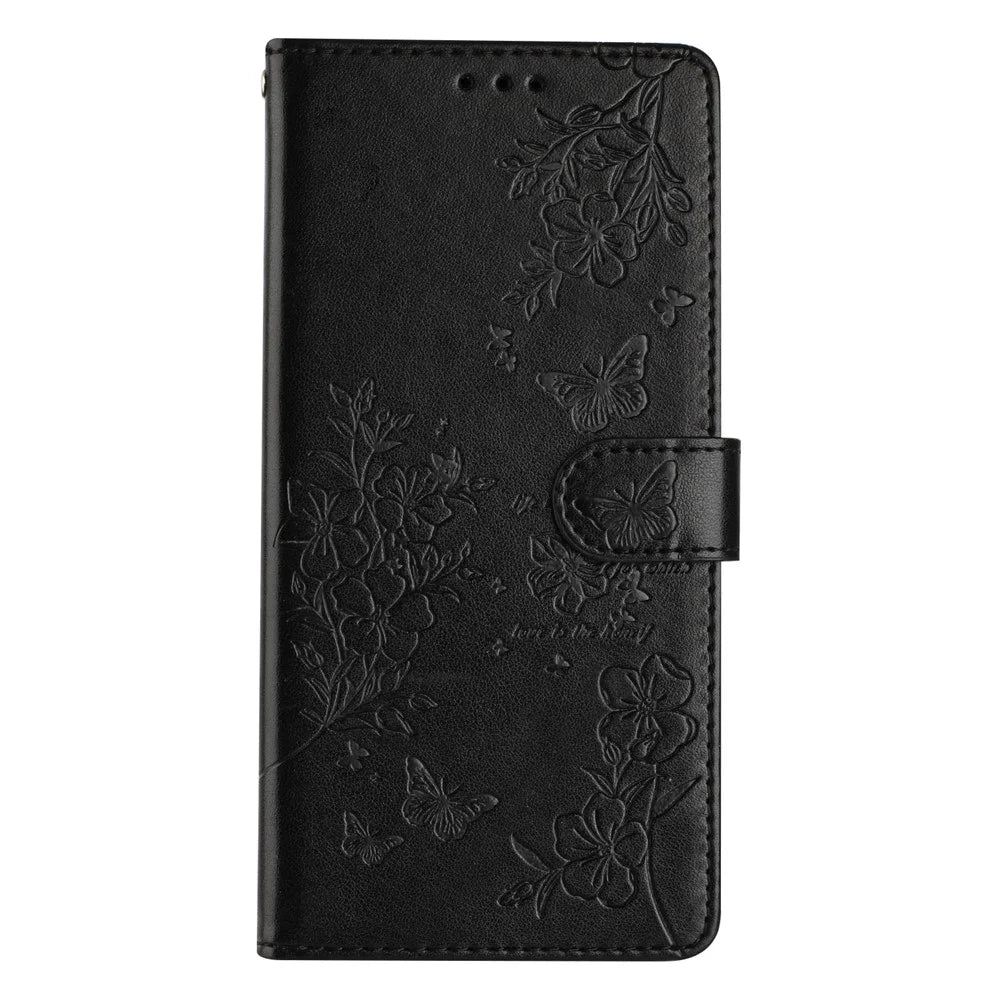 For iPhone 16 Pro Stand Case Butterfly Floral Imprint Leather Wallet Phone Cover - Black - 5