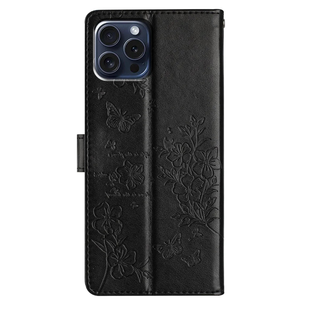 For iPhone 16 Pro Stand Case Butterfly Floral Imprint Leather Wallet Phone Cover - Black - 6