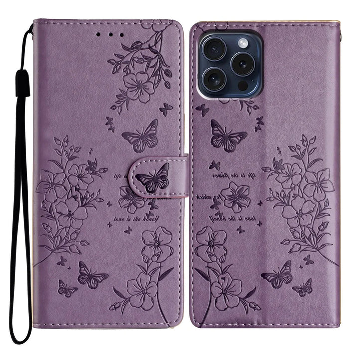 For iPhone 16 Pro Max Case Butterfly Floral Imprint Leather Stand Phone Cover with Wallet - Purple - 1