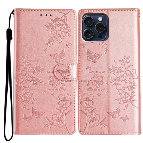 For iPhone 15 Pro Max Stand Case Butterfly Floral Imprint Leather Phone Cover with Wallet - Rose Gold - 1