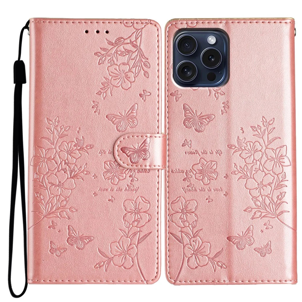 For iPhone 15 Pro Max Stand Case Butterfly Floral Imprint Leather Phone Cover with Wallet - Rose Gold - 1