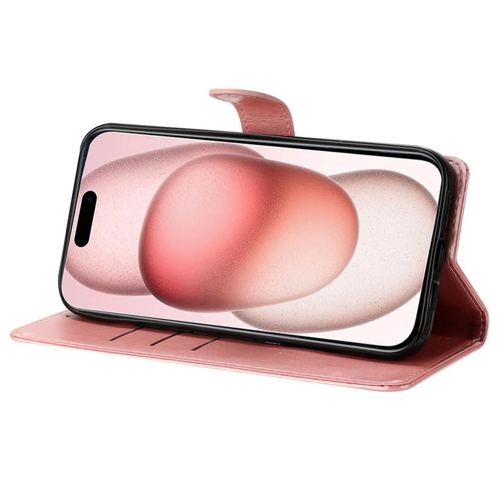 For iPhone 15 Pro Max Stand Case Butterfly Floral Imprint Leather Phone Cover with Wallet - Rose Gold - 3