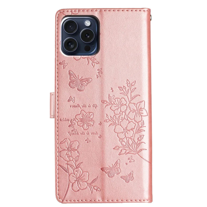 For iPhone 15 Pro Max Stand Case Butterfly Floral Imprint Leather Phone Cover with Wallet - Rose Gold - 6