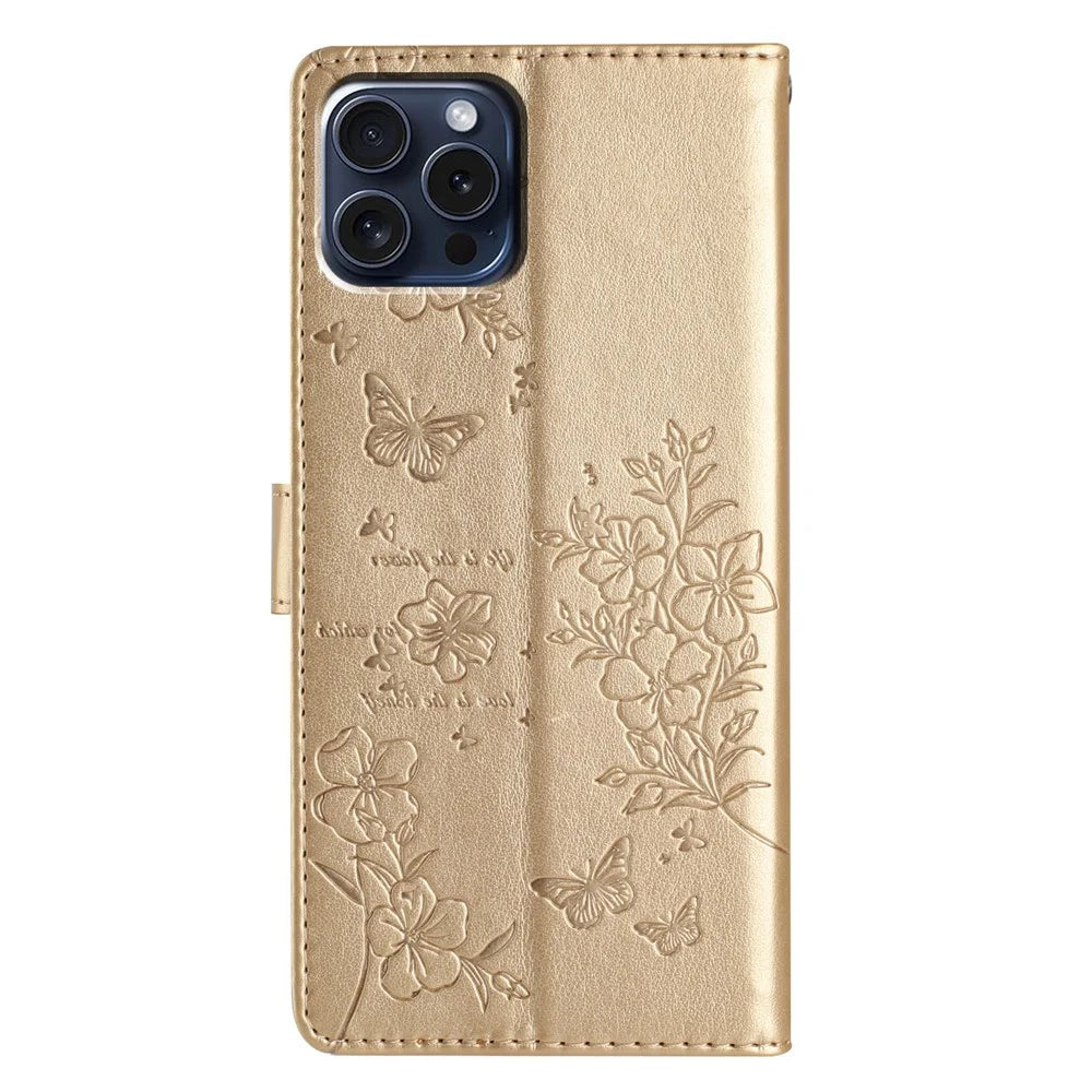 For iPhone 15 Pro Leather Case Butterfly Floral Imprint Wallet Phone Cover with Stand - Gold - 6