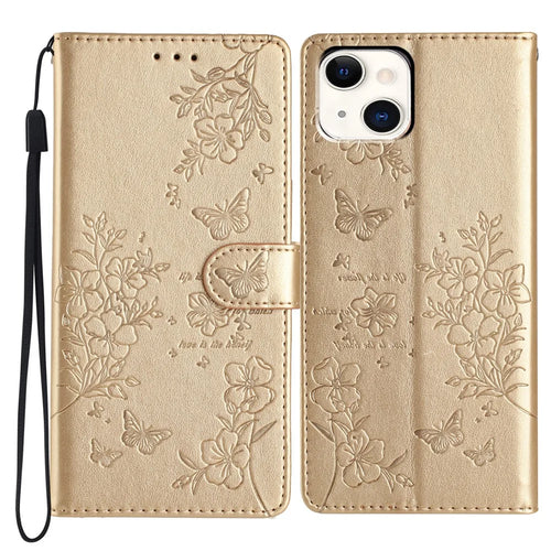 For iPhone 15 Wallet Case Butterfly Floral Imprint Leather Phone Cover with Strap - Gold - 1