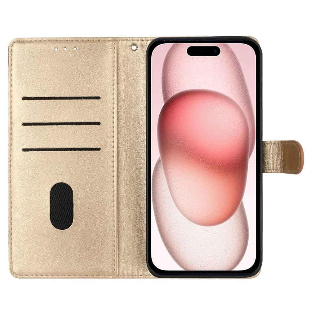 For iPhone 15 Wallet Case Butterfly Floral Imprint Leather Phone Cover with Strap - Gold - 2
