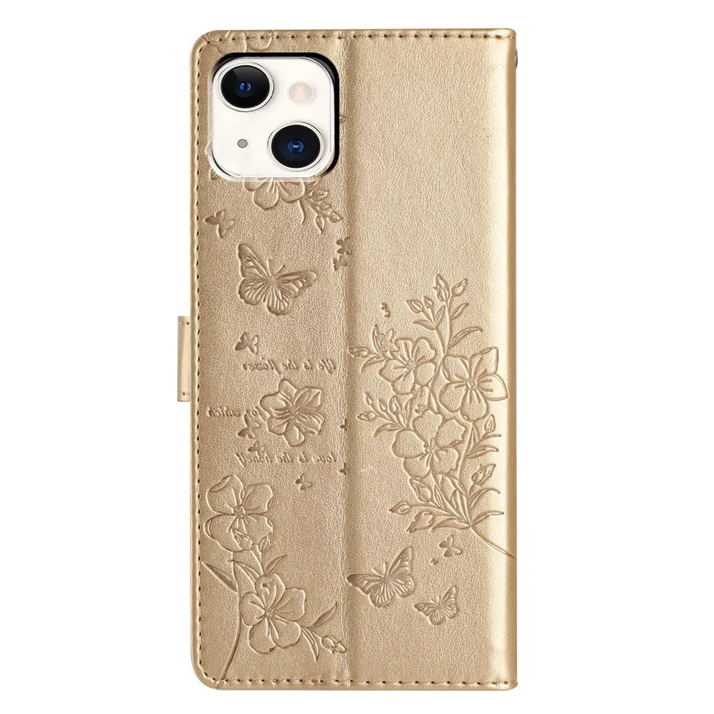For iPhone 15 Wallet Case Butterfly Floral Imprint Leather Phone Cover with Strap - Gold - 6