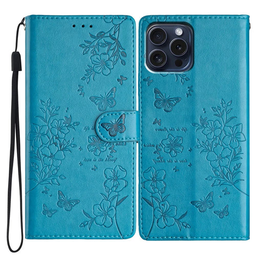 For iPhone 14 Pro Max Case Butterfly Floral Imprint Anti-Drop Leather Wallet Phone Cover - Blue - 1