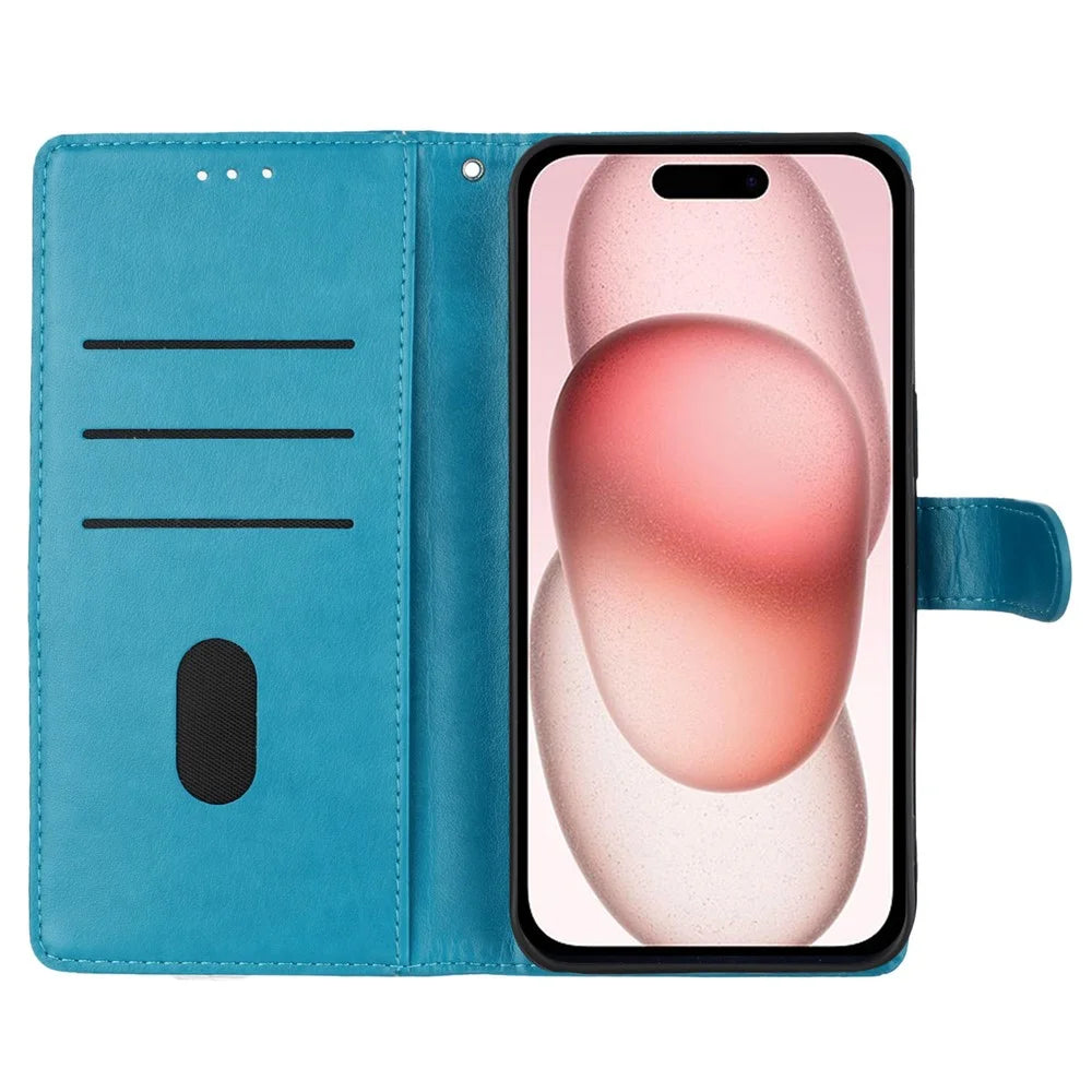 For iPhone 14 Pro Max Case Butterfly Floral Imprint Anti-Drop Leather Wallet Phone Cover - Blue - 2